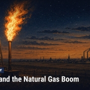 Fostoria News Nighttime oil and gas infrastructure in Fostoria with dramatic flame and smokestacks.
